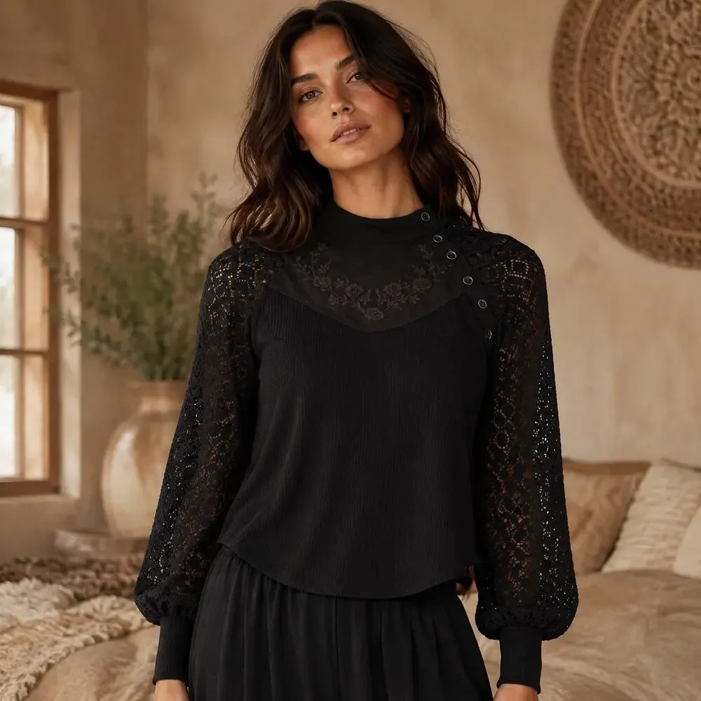 Romantic Whimsygoth Boho Free People Black Lace Sleeve Embroidered Mock Neck Top